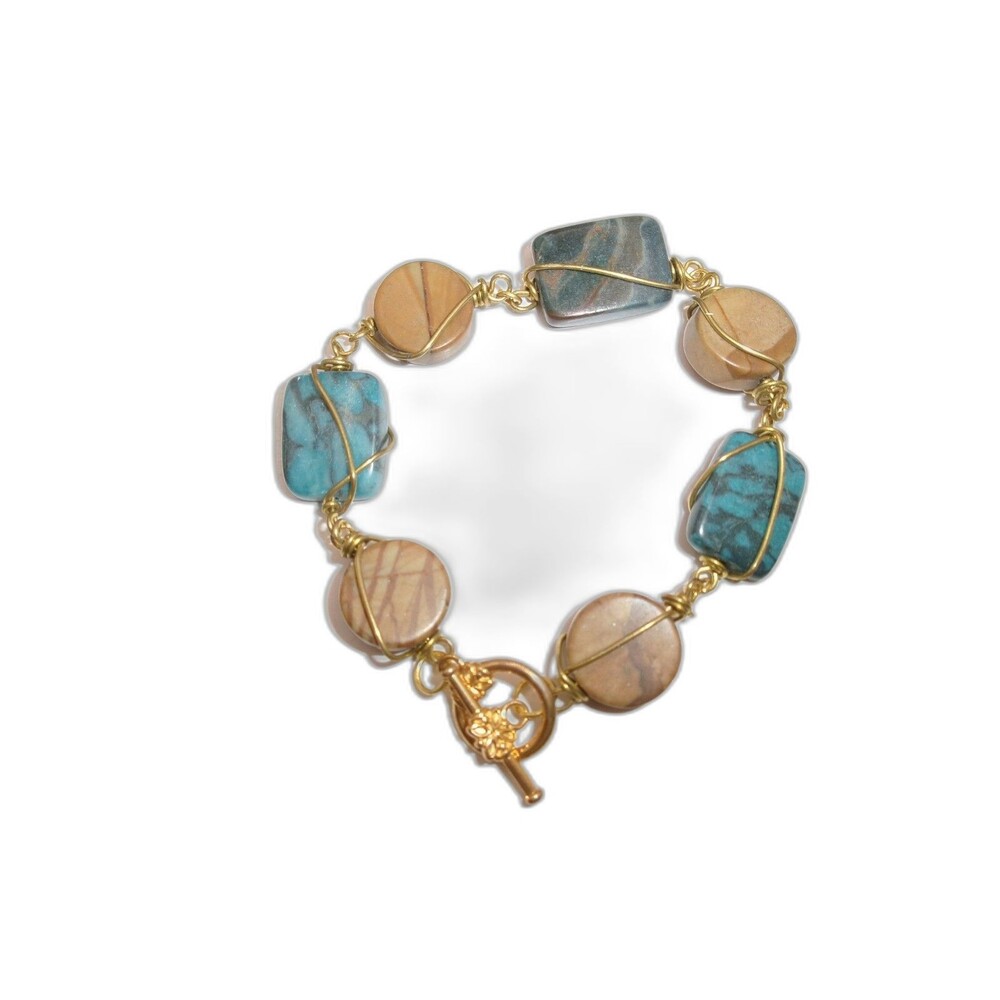 Wired Stone Bracelet Teal & Brown w/ Gold Tone Wire Toggle Clasp Handmade OOAK